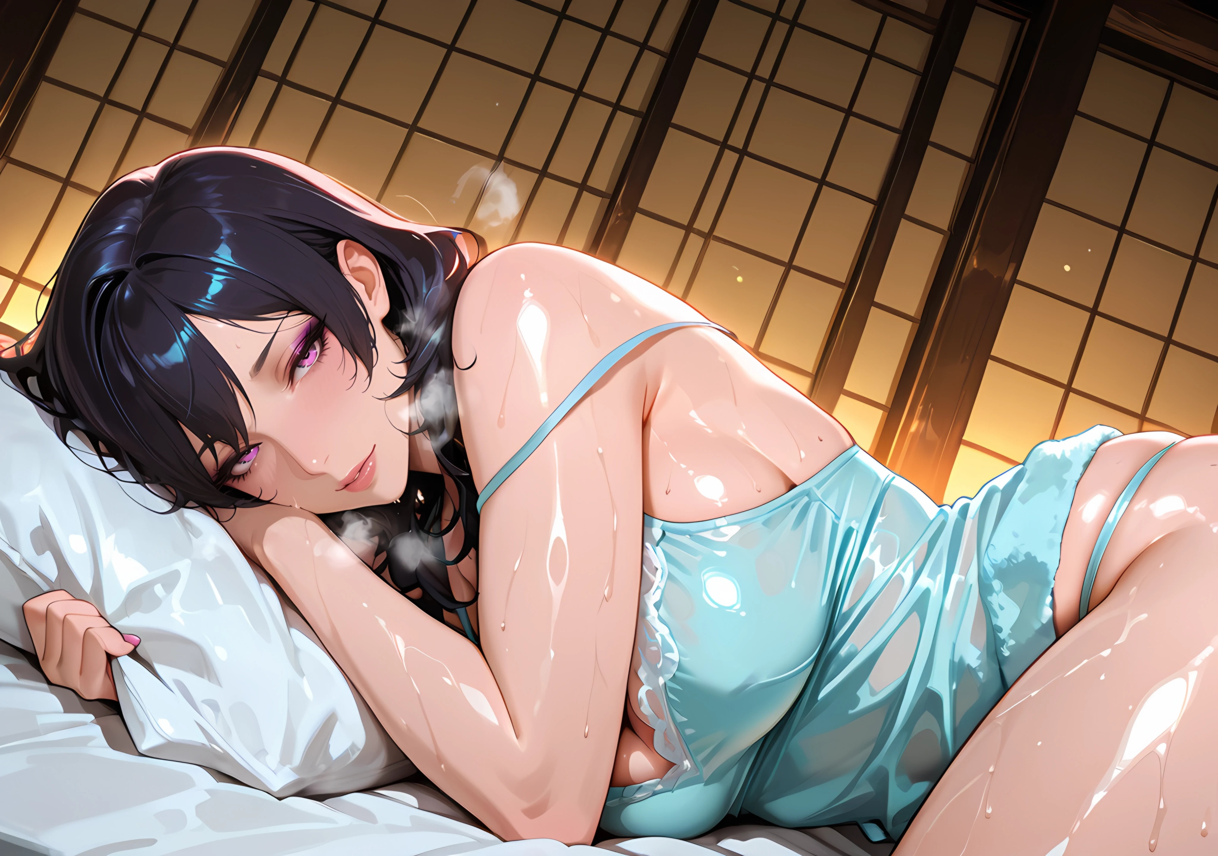 障子から暖かな月明かりが差す寝室で、水色のランジェリーを着た黒髪の成人女性が枕に寄り添っているAIイラスト