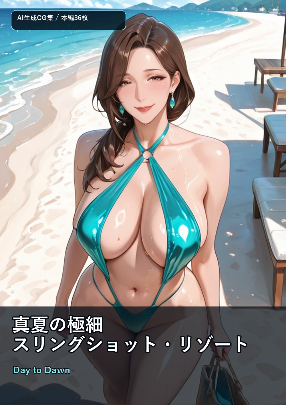 真夏のリゾートで極細スリングショット風水着を纏う、架空の成人女性を描いたAI生成CG集の表紙