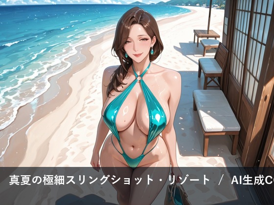 真夏の海辺でターコイズ色の極細水着を着た、架空の成人女性を描いたAI生成イラスト