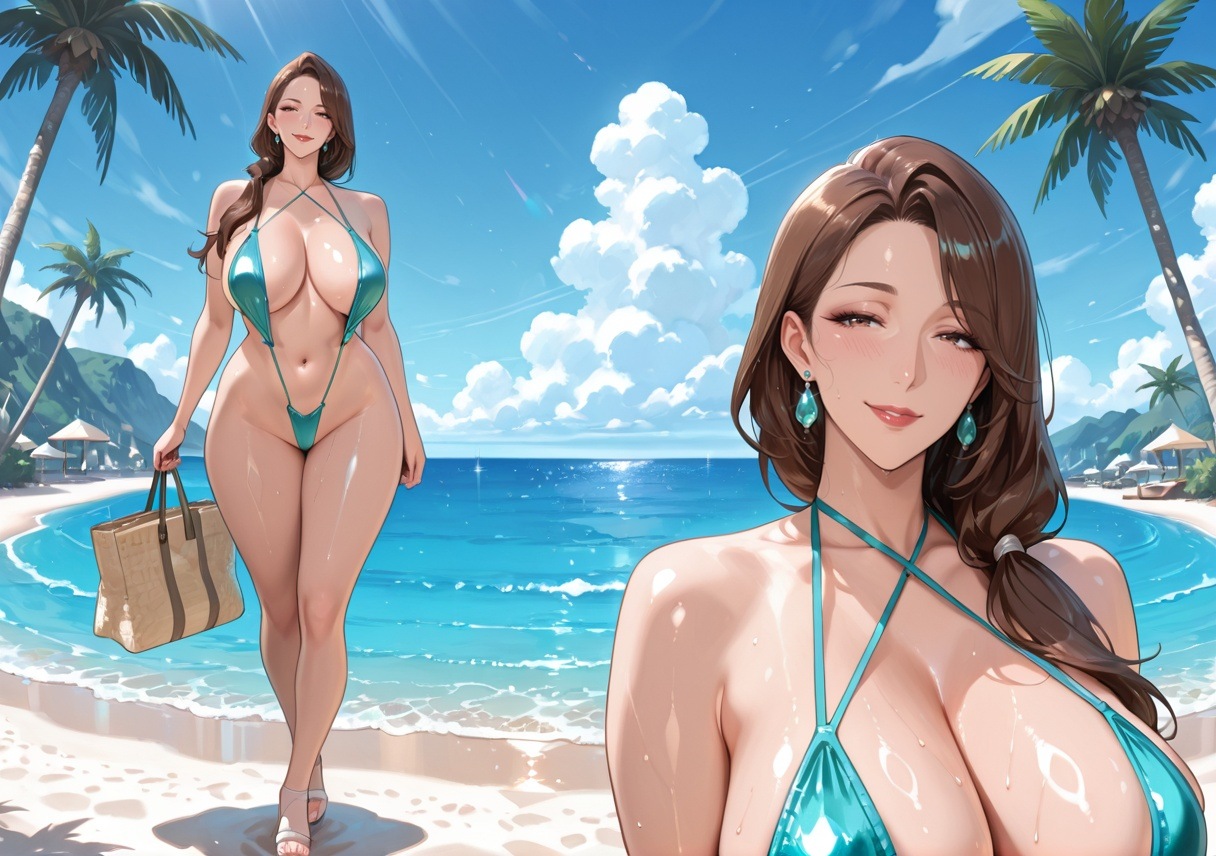 青空と海を背景に、ターコイズ色の極細水着を着た架空の成人女性を描いたAI生成イラスト