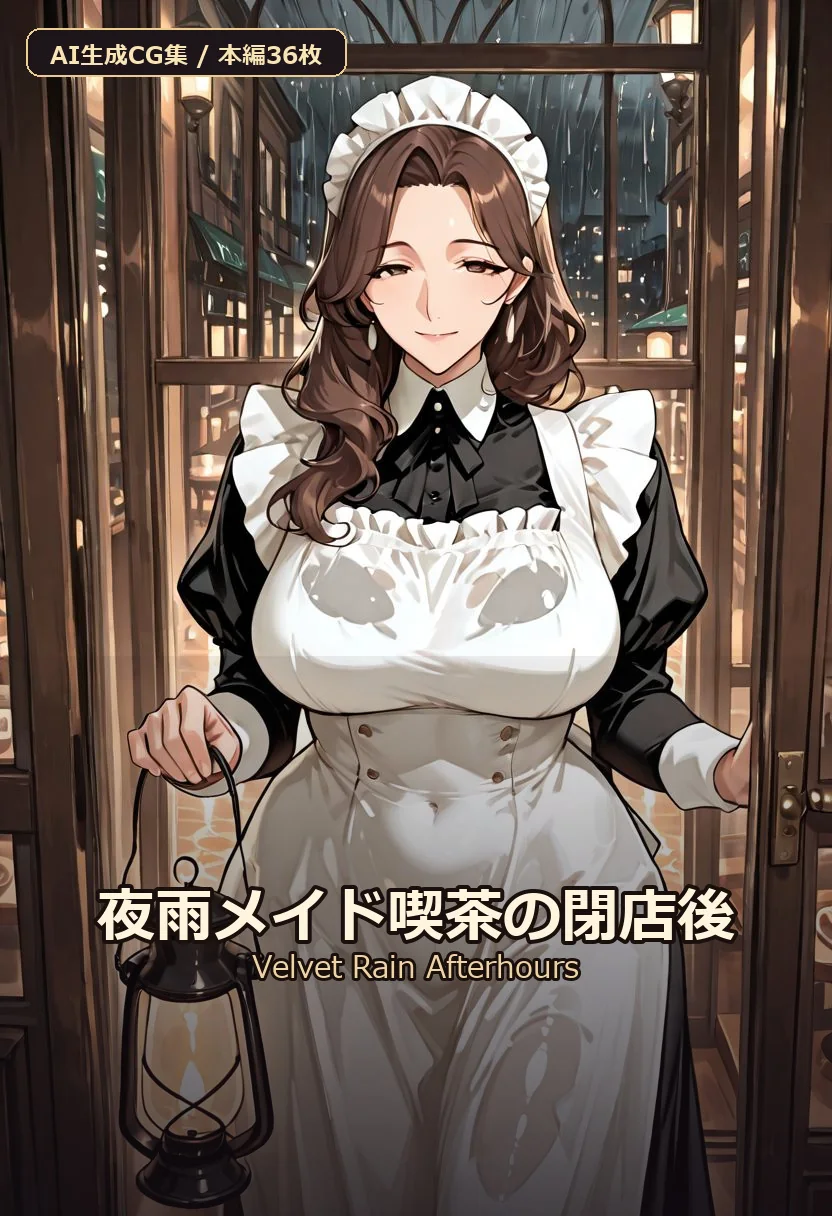 雨の夜のメイド喫茶に立つ、茶髪の成人女性メイドを描いた『夜雨メイド喫茶の閉店後』の表紙
