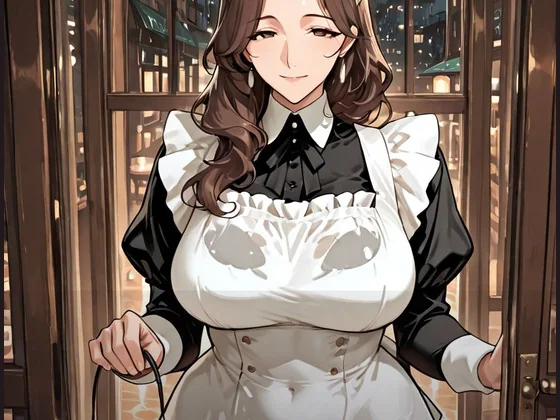 雨の夜のメイド喫茶で微笑む、茶髪の成人女性メイドを描いたAI生成イラスト