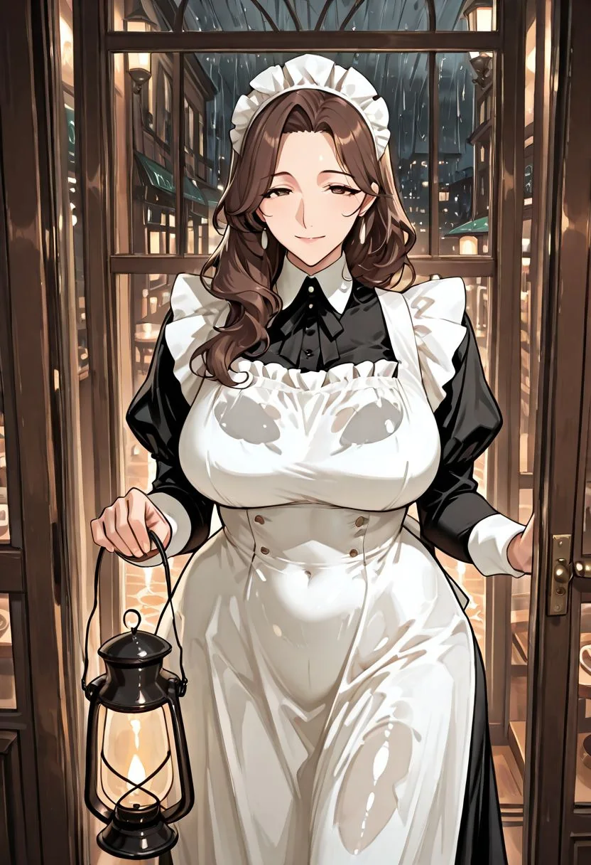 雨の夜の店先でランタンを手に迎える茶髪の成人女性メイド